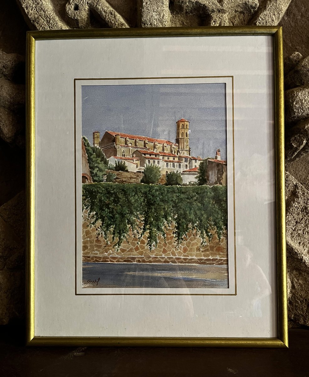 La collégiale de Montréal d'Aude, aquarelle de Sylvain Arellano.