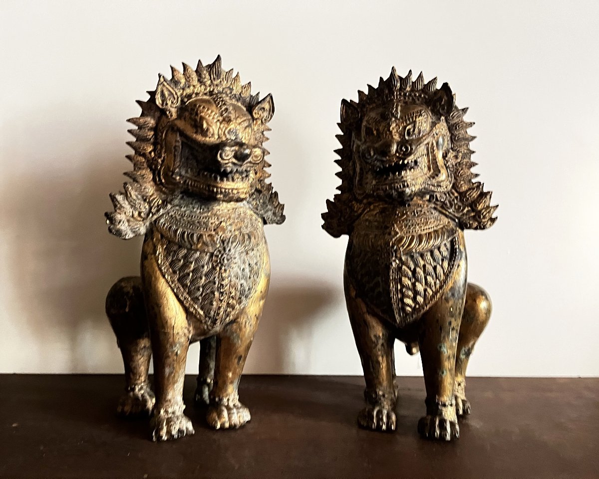 Pair Of Thai Bronze Lions, Late 19th Or Early 20th Century.