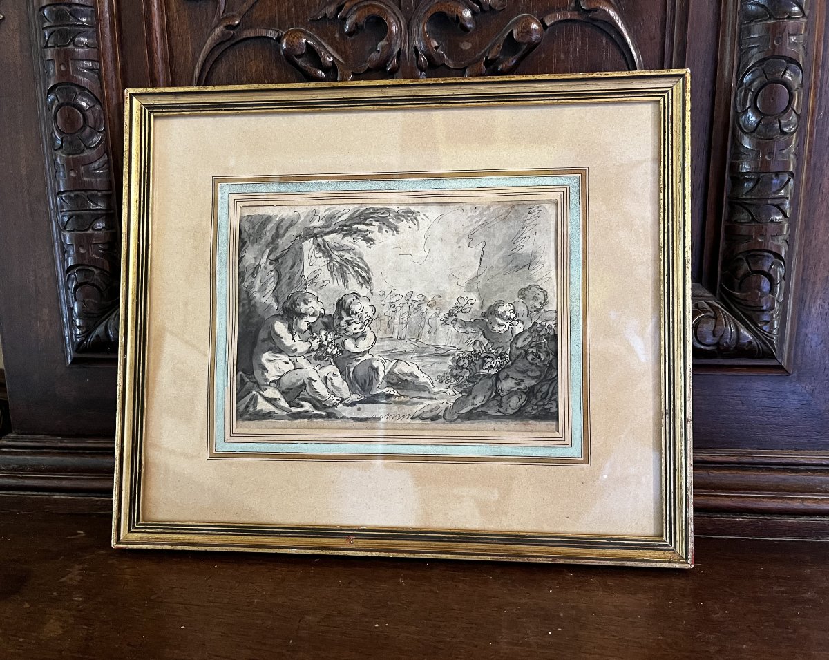 Dionysus As A Child And Putti, Pen-and-ink Drawing With Wash Attributed To Louis Félix Delarue, 18th Century-photo-2