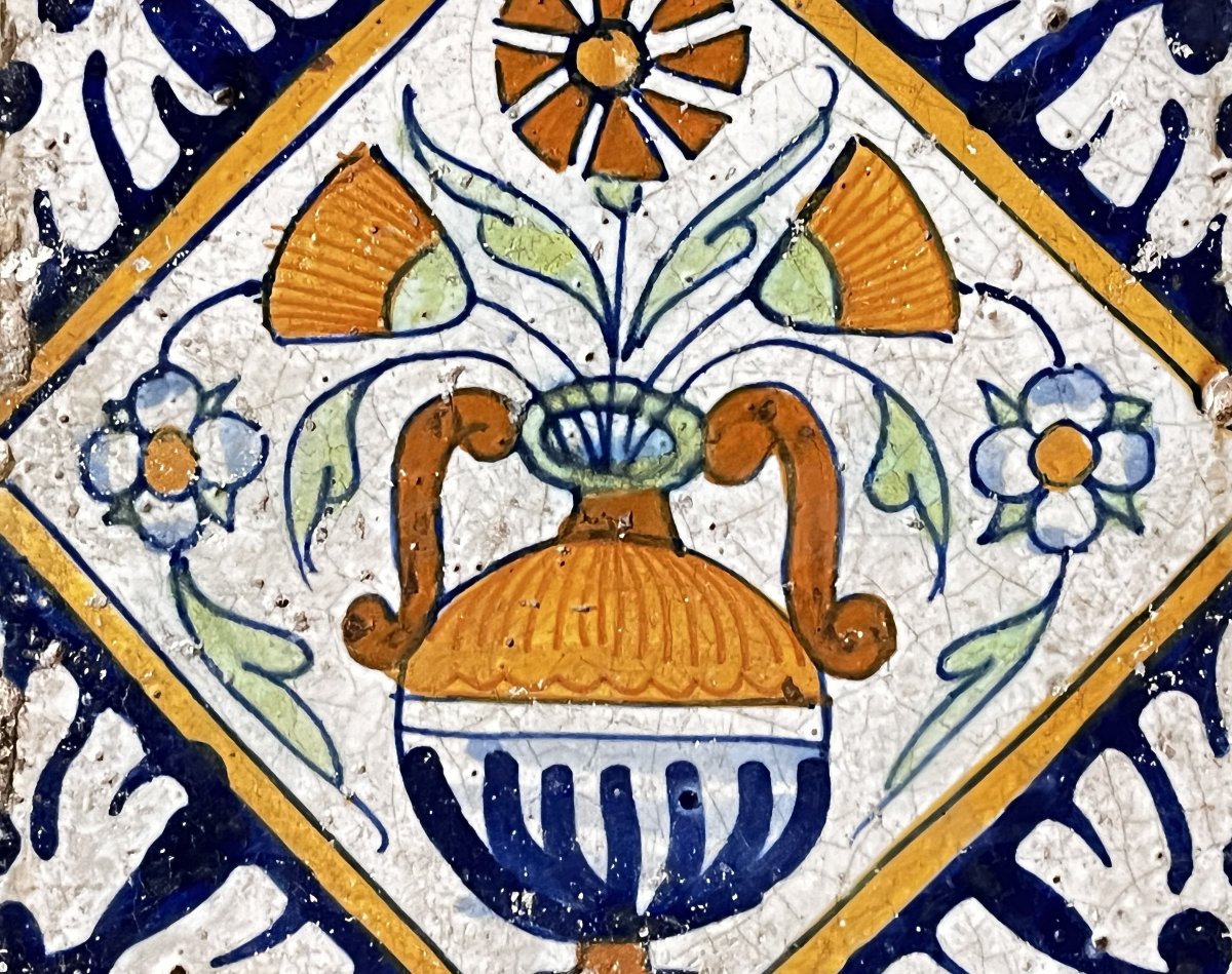 Glazed Terracotta Tile, Hand-painted, 17th Or 18th Century.-photo-2