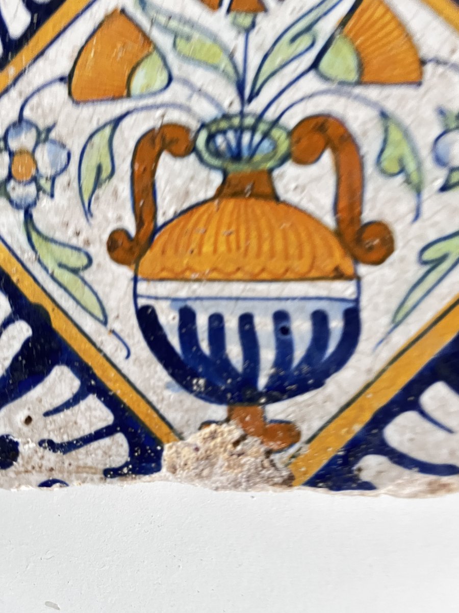 Glazed Terracotta Tile, Hand-painted, 17th Or 18th Century.-photo-3