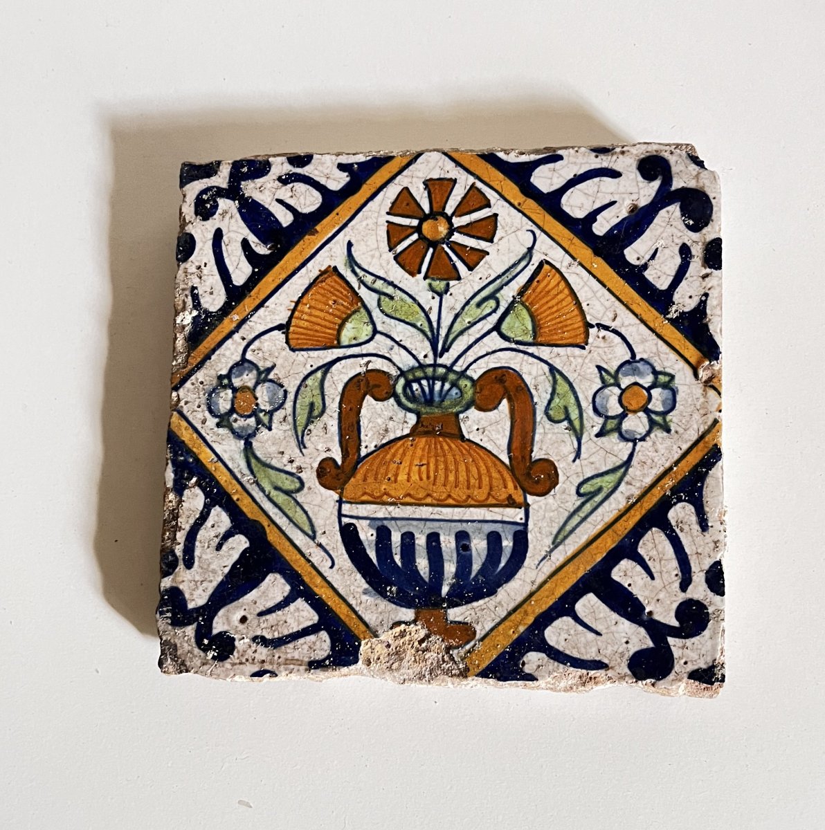 Glazed Terracotta Tile, Hand-painted, 17th Or 18th Century.