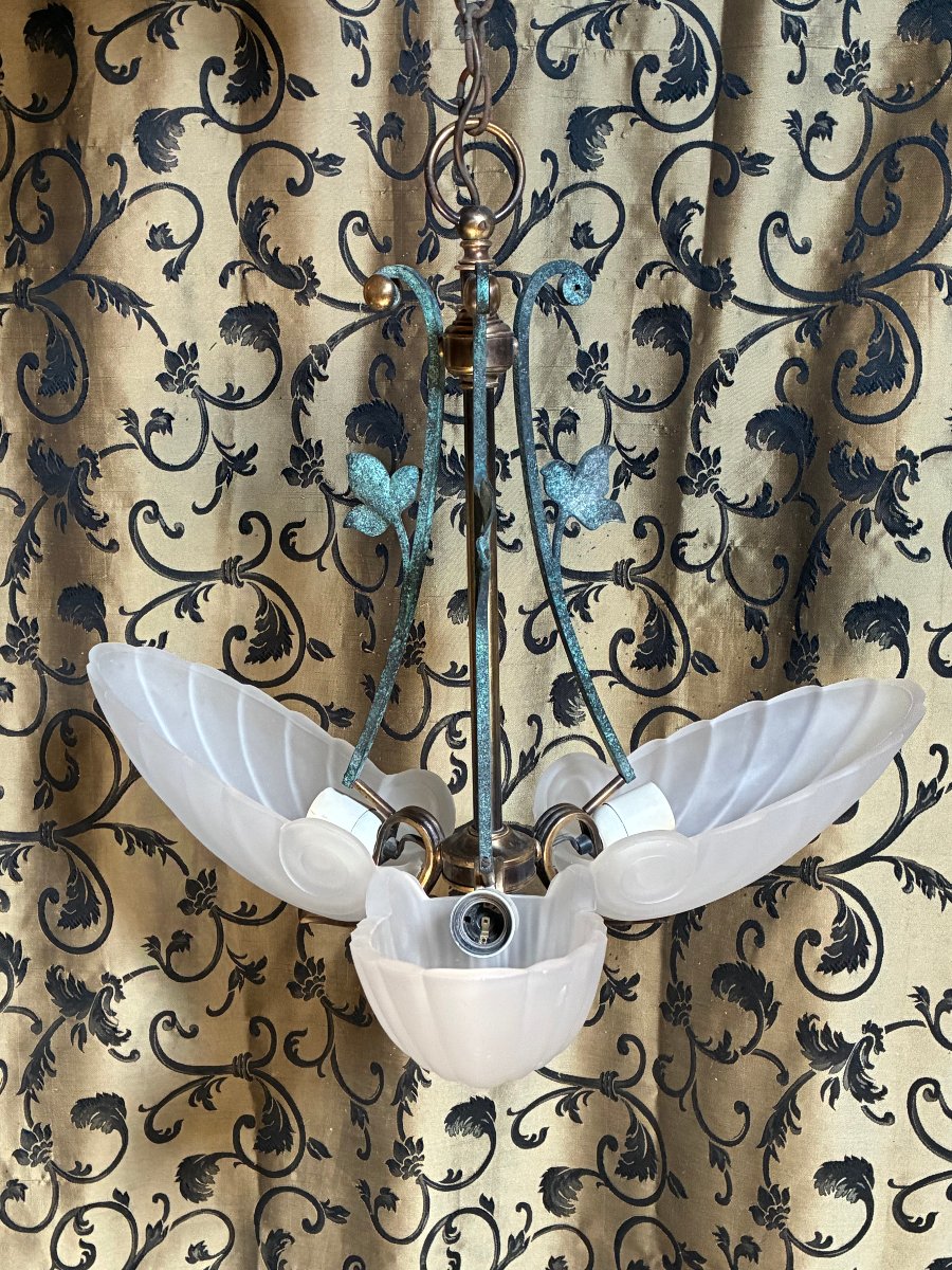 Art Deco-style Chandelier, Made Of Bronze And Glass Paste, Late 20th Century.-photo-2