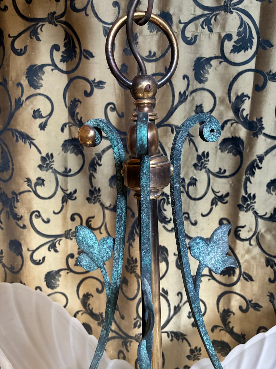 Art Deco-style Chandelier, Made Of Bronze And Glass Paste, Late 20th Century.-photo-2