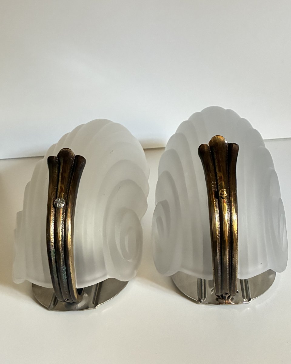 Pair Of Art Deco-style Wall Sconces, Made Of Bronze And Glass Paste, 20th Century.-photo-2