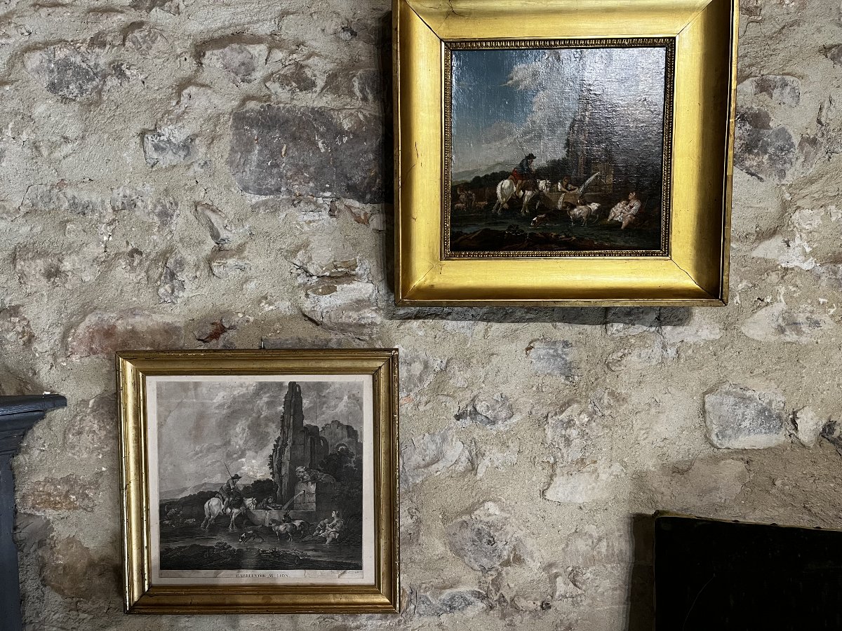 Ensemble Huile sur toile par suiveur de Francesco CASANOVA, et sa gravure par Le Vasseur,-photo-2