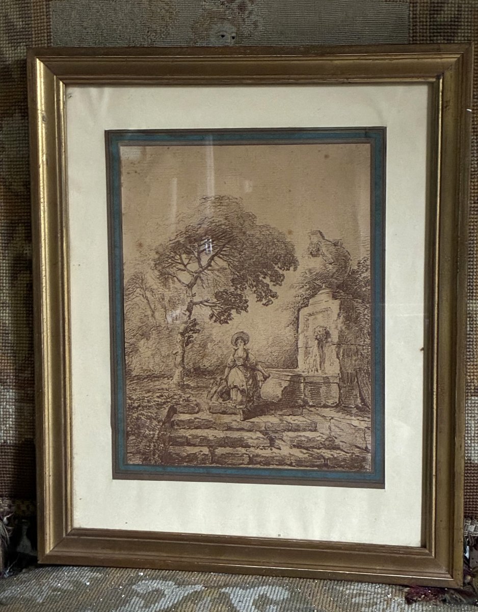 18th-century Drawing: “la Fontaine,” Red Chalk On Laid Paper.