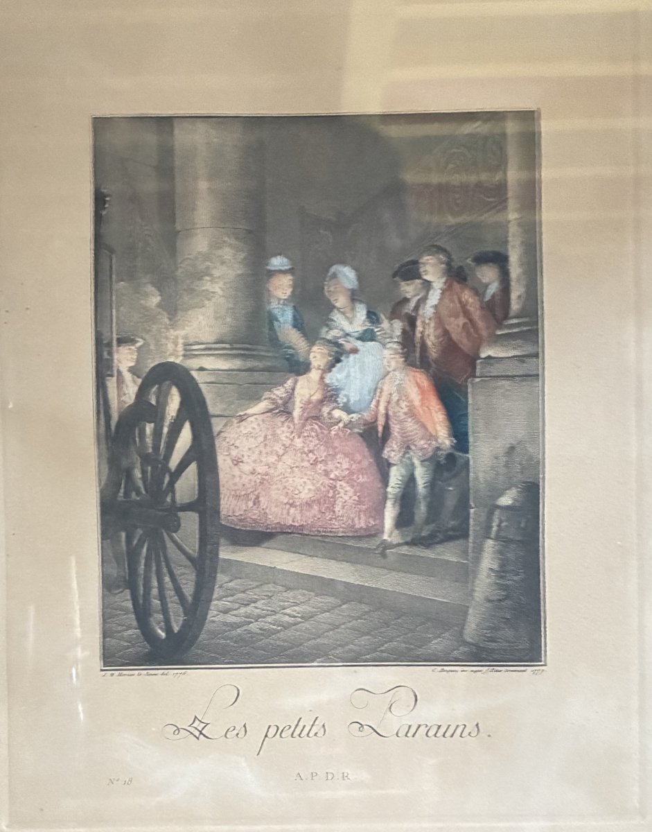 Gravure coloriée XVIIIème siècle : "Les Petits Parains" -photo-2