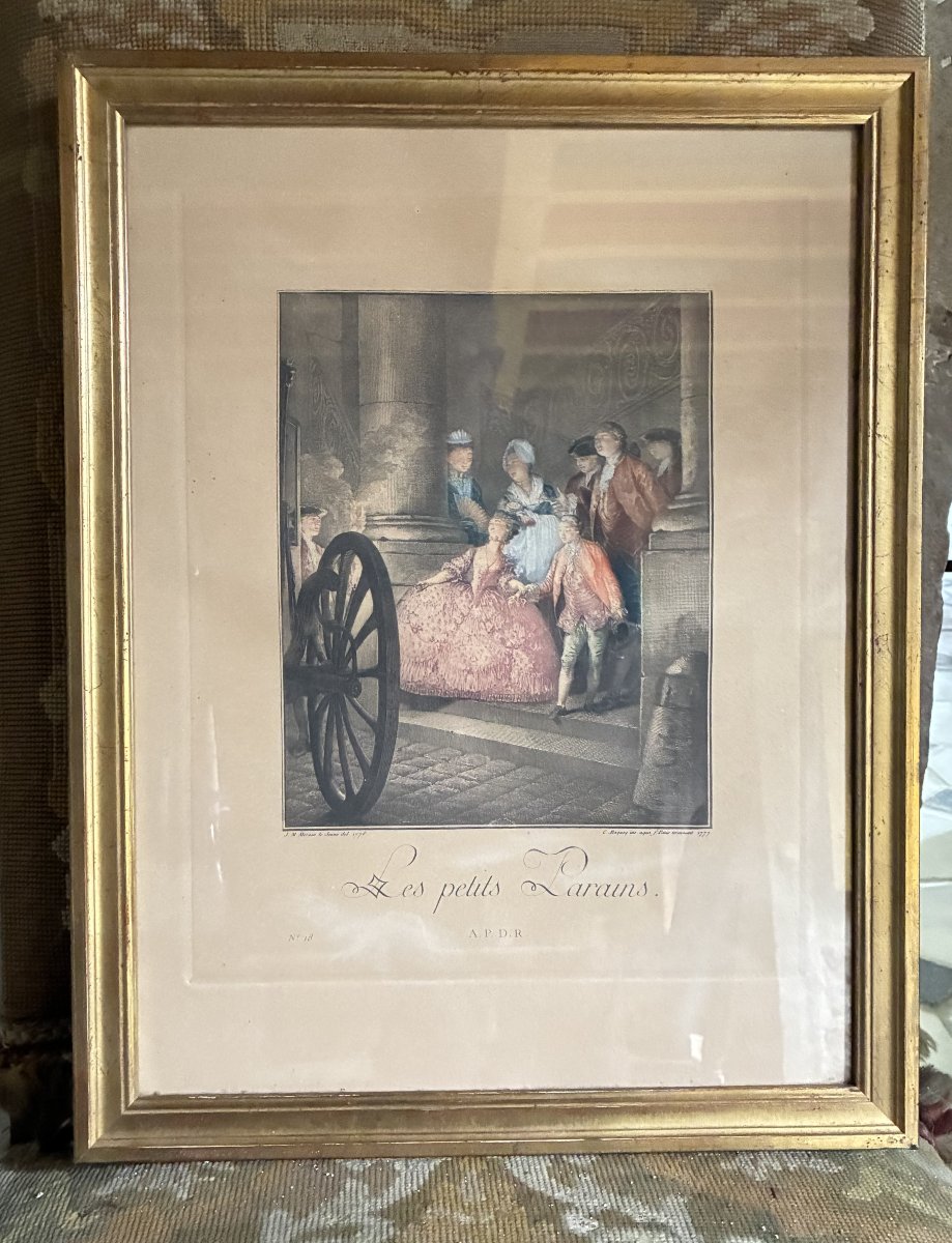 Gravure coloriée XVIIIème siècle : "Les Petits Parains" 