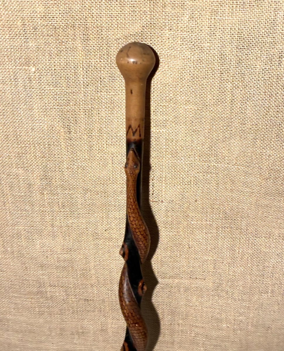 Walking Stick With A Coiled Snake, 19th-century Folk Art.
