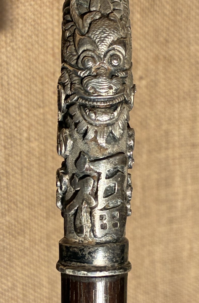 Rosewood Cane With A Chiseled Silver Pommel, 19th Century-photo-2