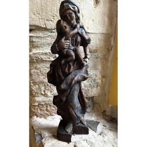 Virgin And Child, Wood Sculpture, Formerly Polychrome.