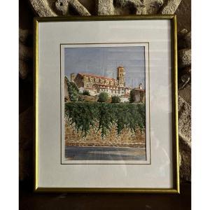 La collégiale de Montréal d'Aude, aquarelle de Sylvain Arellano.