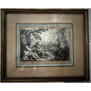 Dyonisos enfant et putti, dessin à la plume et lavis attribué à Louis Félix Delarue, 18ème sièc