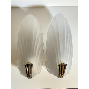 Pair Of Art Deco-style Wall Sconces, Made Of Bronze And Glass Paste, 20th Century.