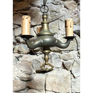 Bronze Chandelier Inspired By An Antique Oil Lamp, 20th Century.