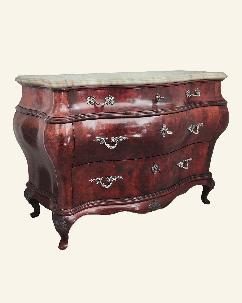 Louis XV Style Panetonné Chest Of Drawers - African Mahogany Root - Marble Top-photo-2