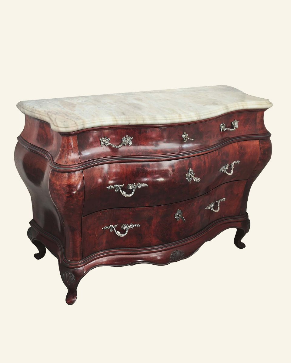 Louis XV Style Panetonné Chest Of Drawers - African Mahogany Root - Marble Top-photo-3