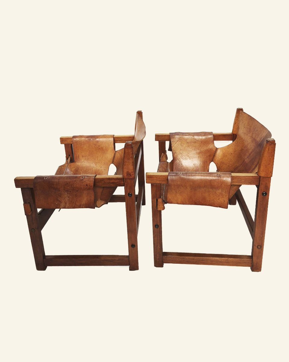 Paire de fauteuils style Safari en bois de noyer et cuir naturel-photo-4