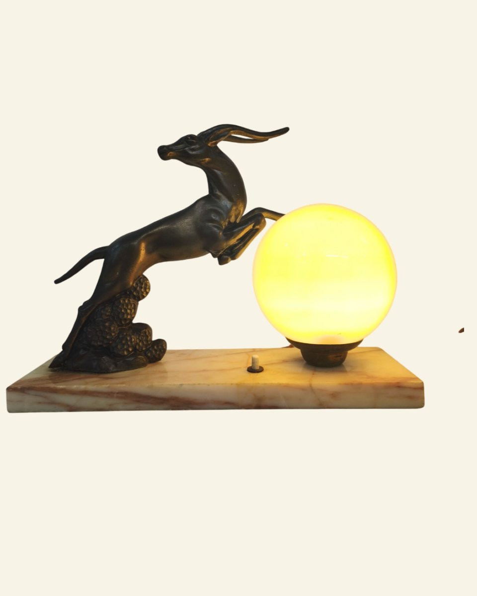 Art Deco Table Lamp – Metal Bowl, Marble Base And Opaline Glass Globe – 20th Century-photo-4