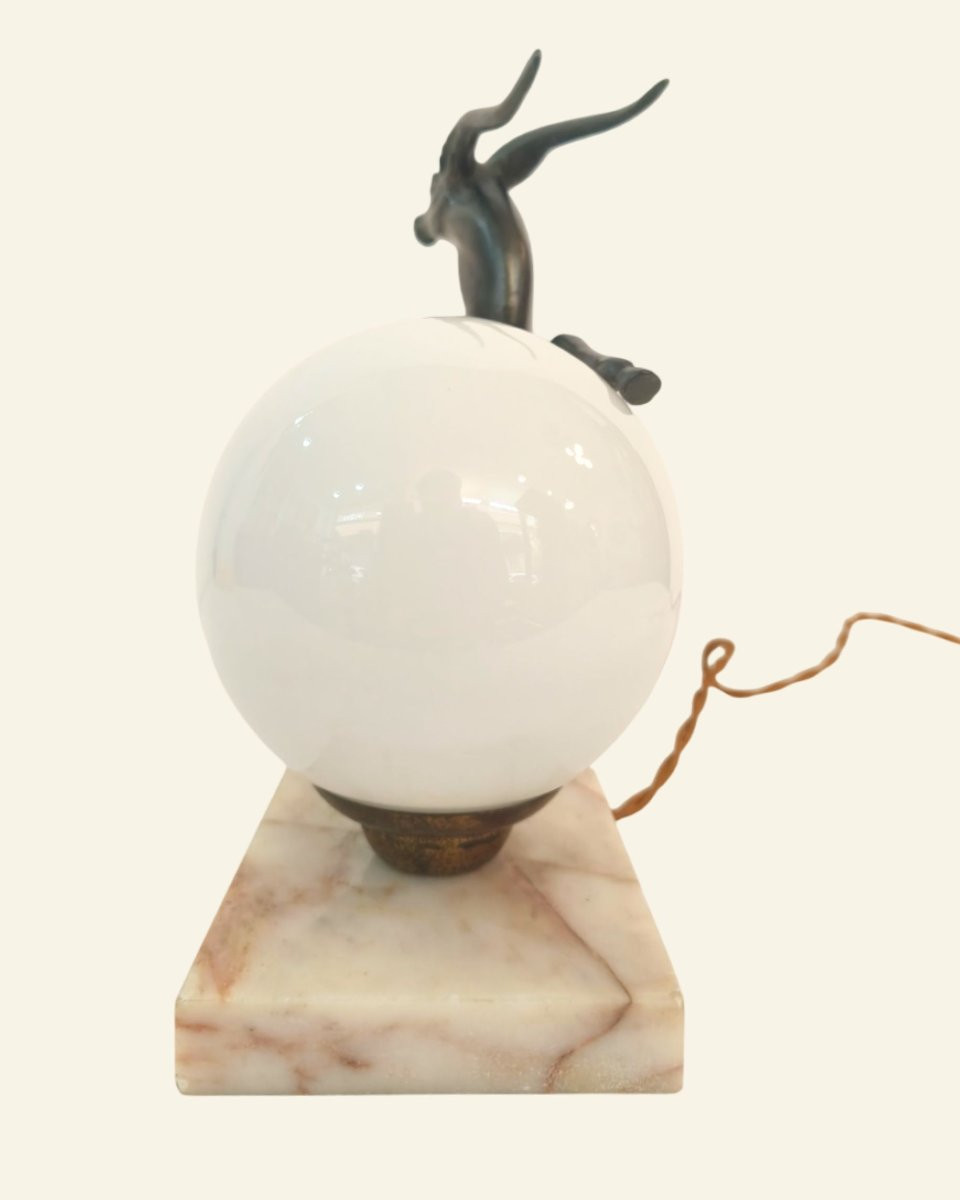 Art Deco Table Lamp – Metal Bowl, Marble Base And Opaline Glass Globe – 20th Century-photo-1