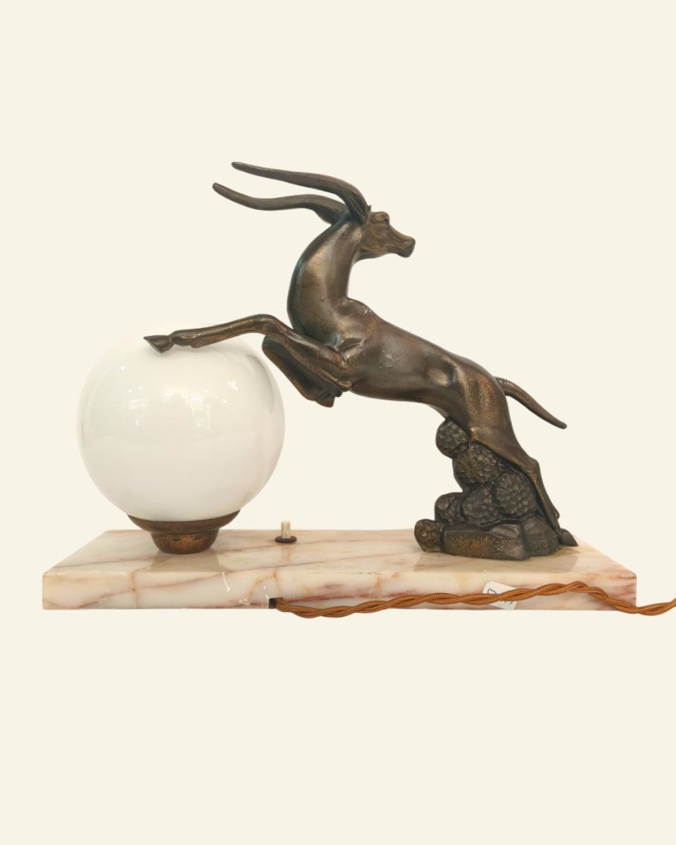 Art Deco Table Lamp – Metal Bowl, Marble Base And Opaline Glass Globe – 20th Century-photo-2