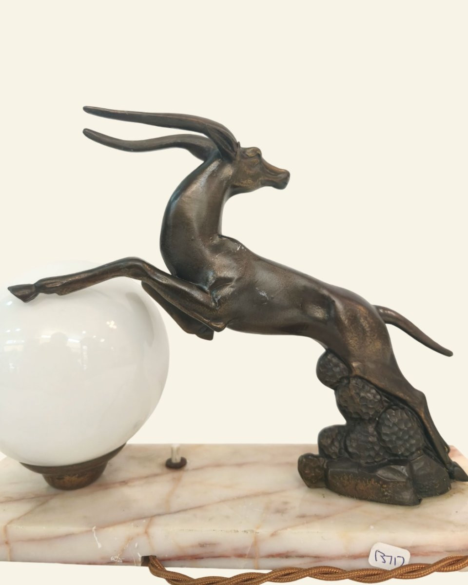 Art Deco Table Lamp – Metal Bowl, Marble Base And Opaline Glass Globe – 20th Century-photo-3