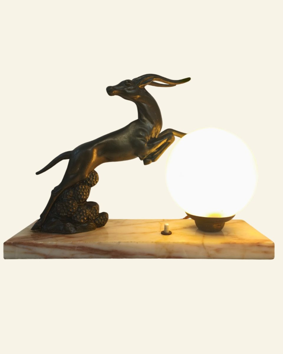 Art Deco Table Lamp – Metal Bowl, Marble Base And Opaline Glass Globe – 20th Century-photo-5