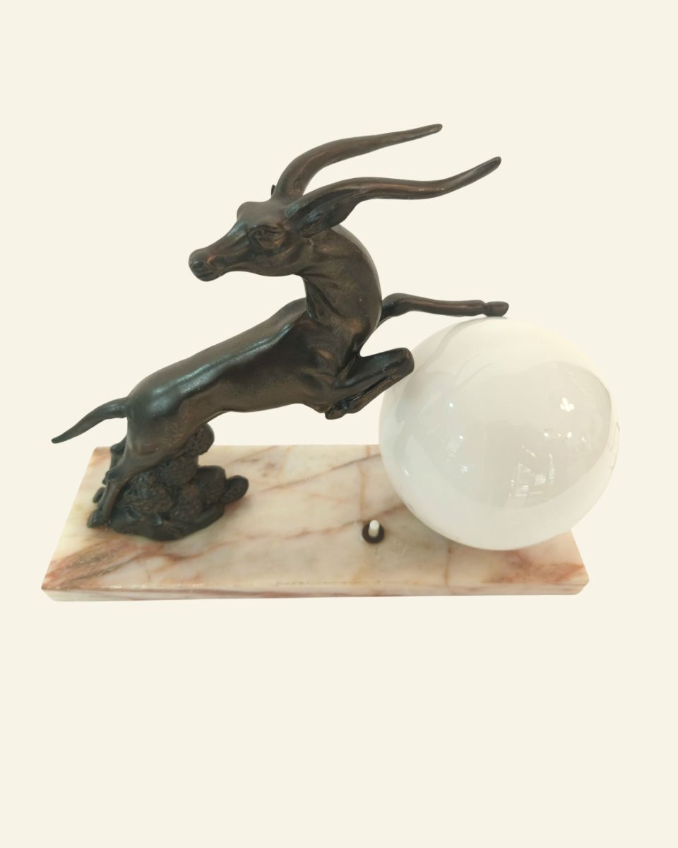 Art Deco Table Lamp – Metal Bowl, Marble Base And Opaline Glass Globe – 20th Century-photo-7
