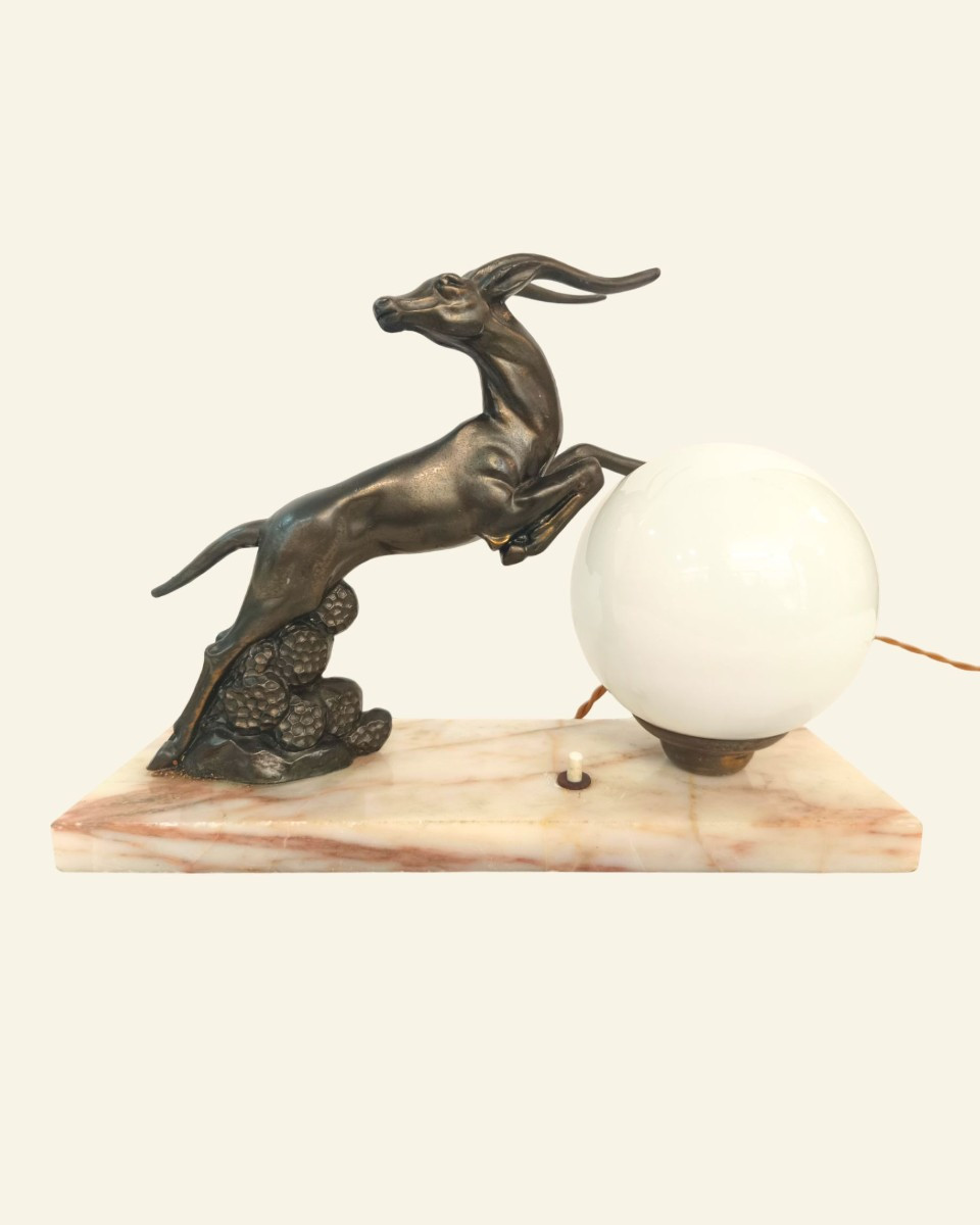 Art Deco Table Lamp – Metal Bowl, Marble Base And Opaline Glass Globe – 20th Century