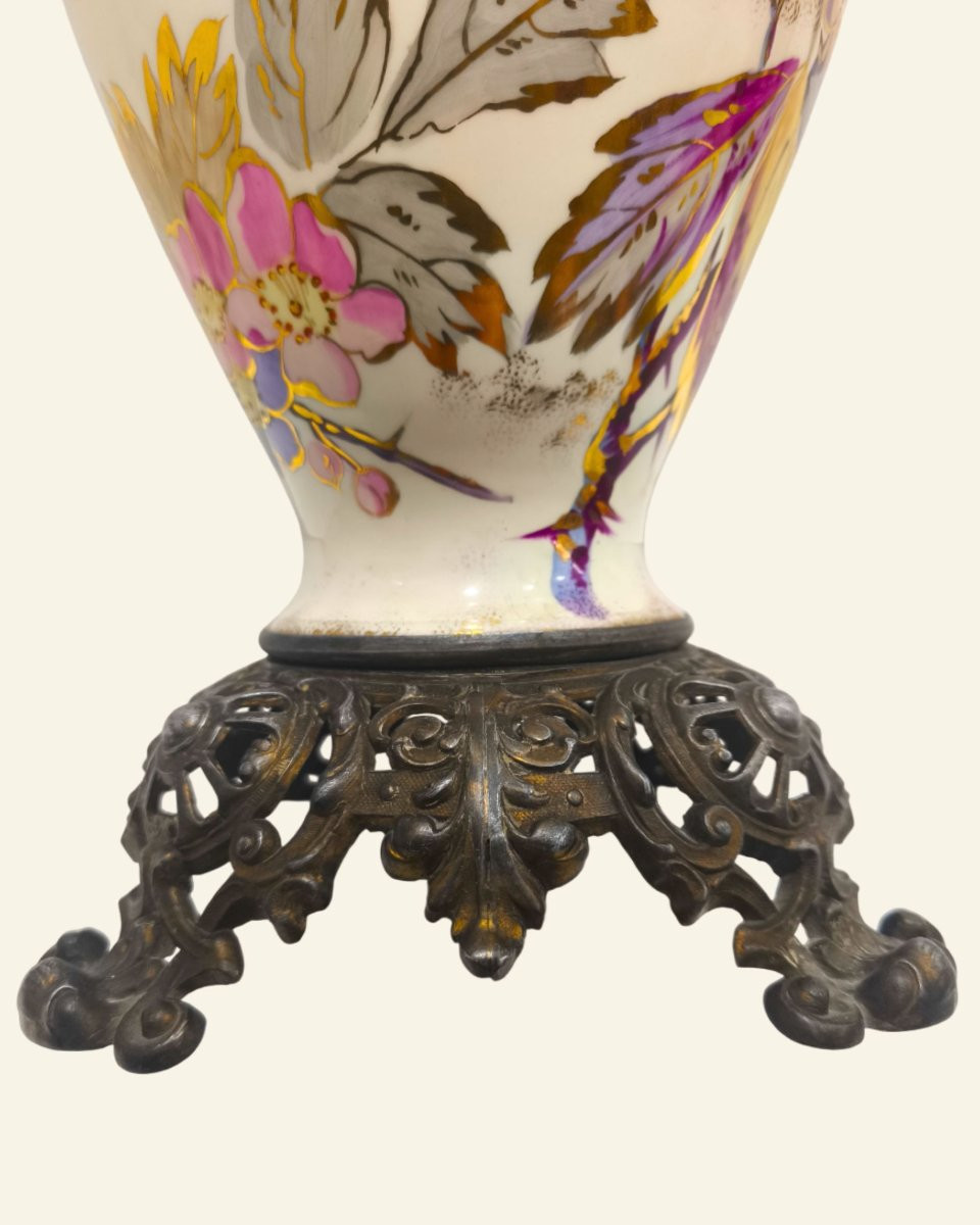 Table Lamp In Porcelain Decorated With Birds And Flowers, With Kosmos Brenner Burner,-photo-6