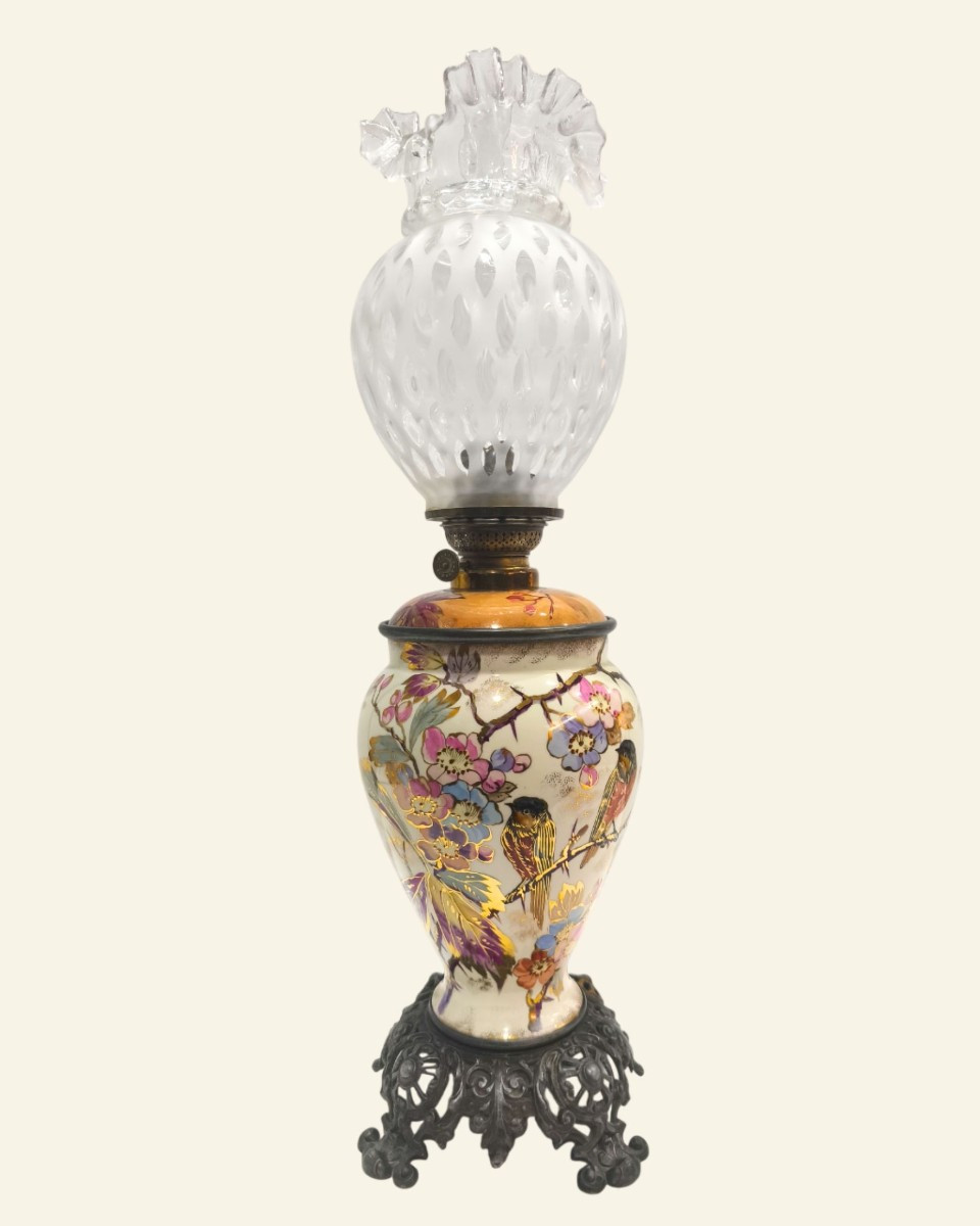 Table Lamp In Porcelain Decorated With Birds And Flowers, With Kosmos Brenner Burner,