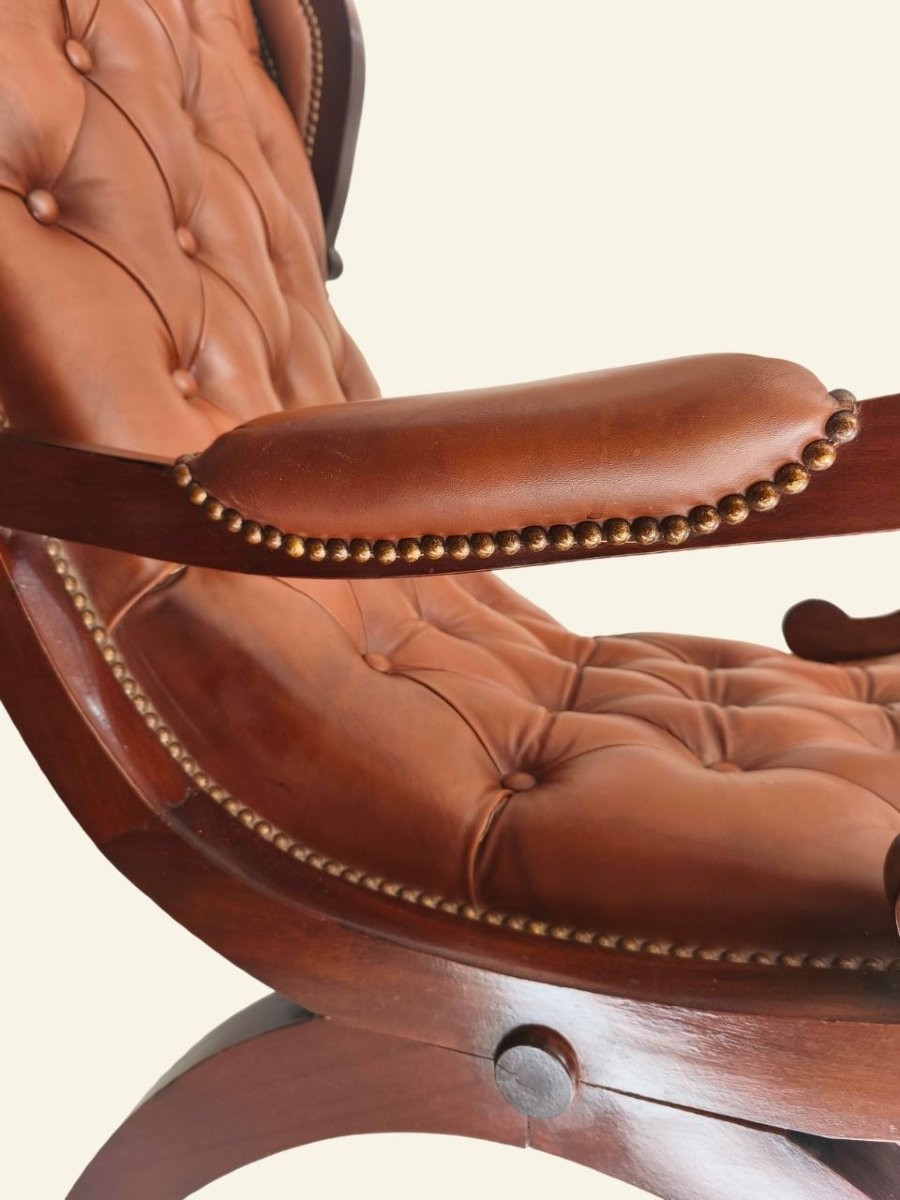 Antique Rocking Chair With Wood And Upholstered Leather Footrest-photo-3