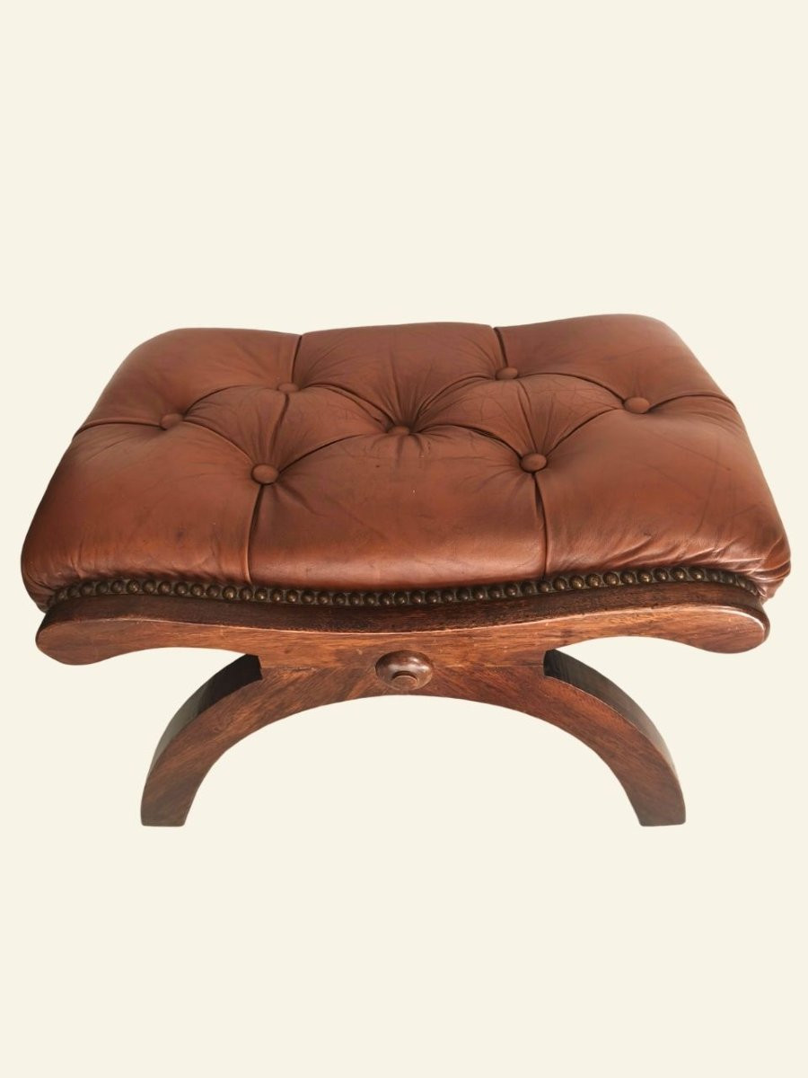Antique Rocking Chair With Wood And Upholstered Leather Footrest-photo-5