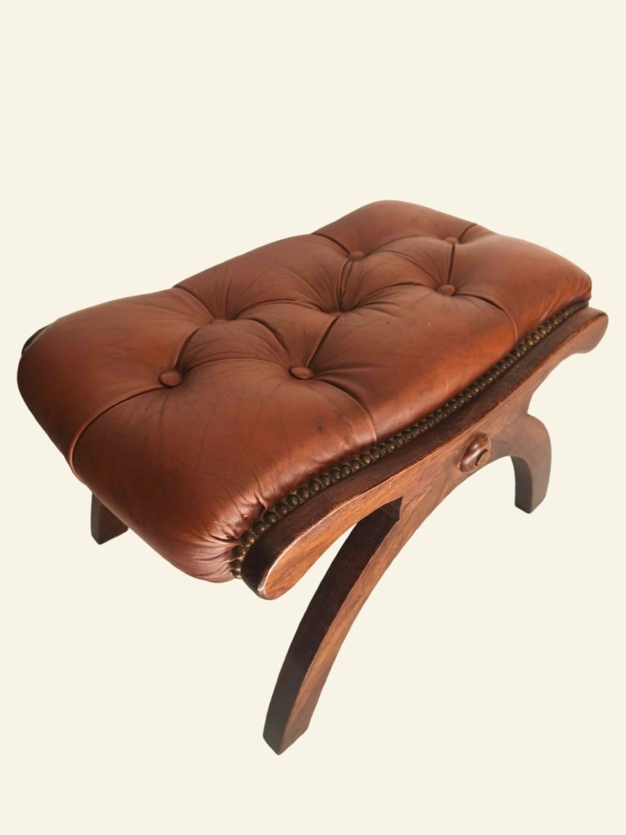 Antique Rocking Chair With Wood And Upholstered Leather Footrest-photo-8