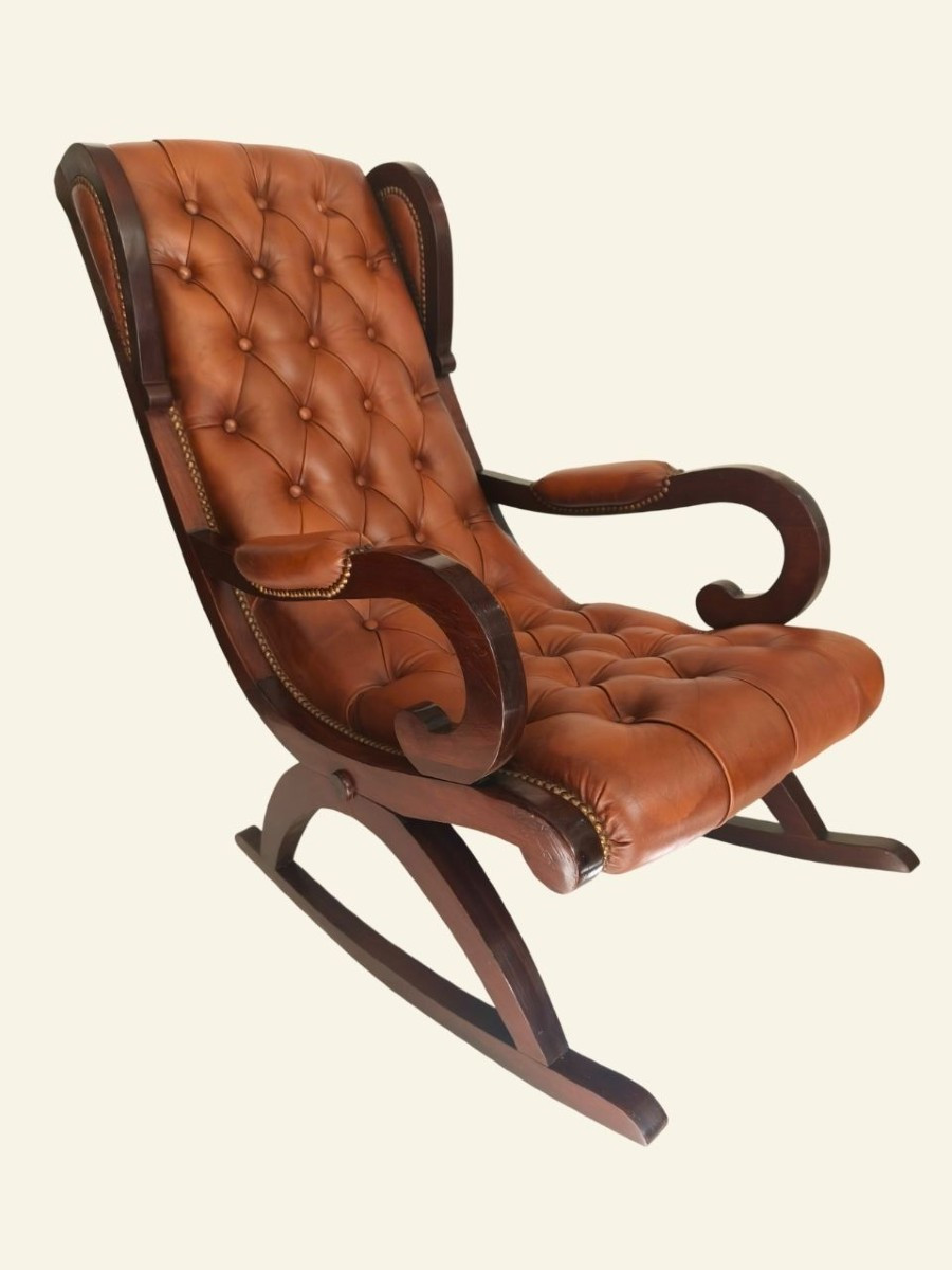 Antique Rocking Chair With Wood And Upholstered Leather Footrest