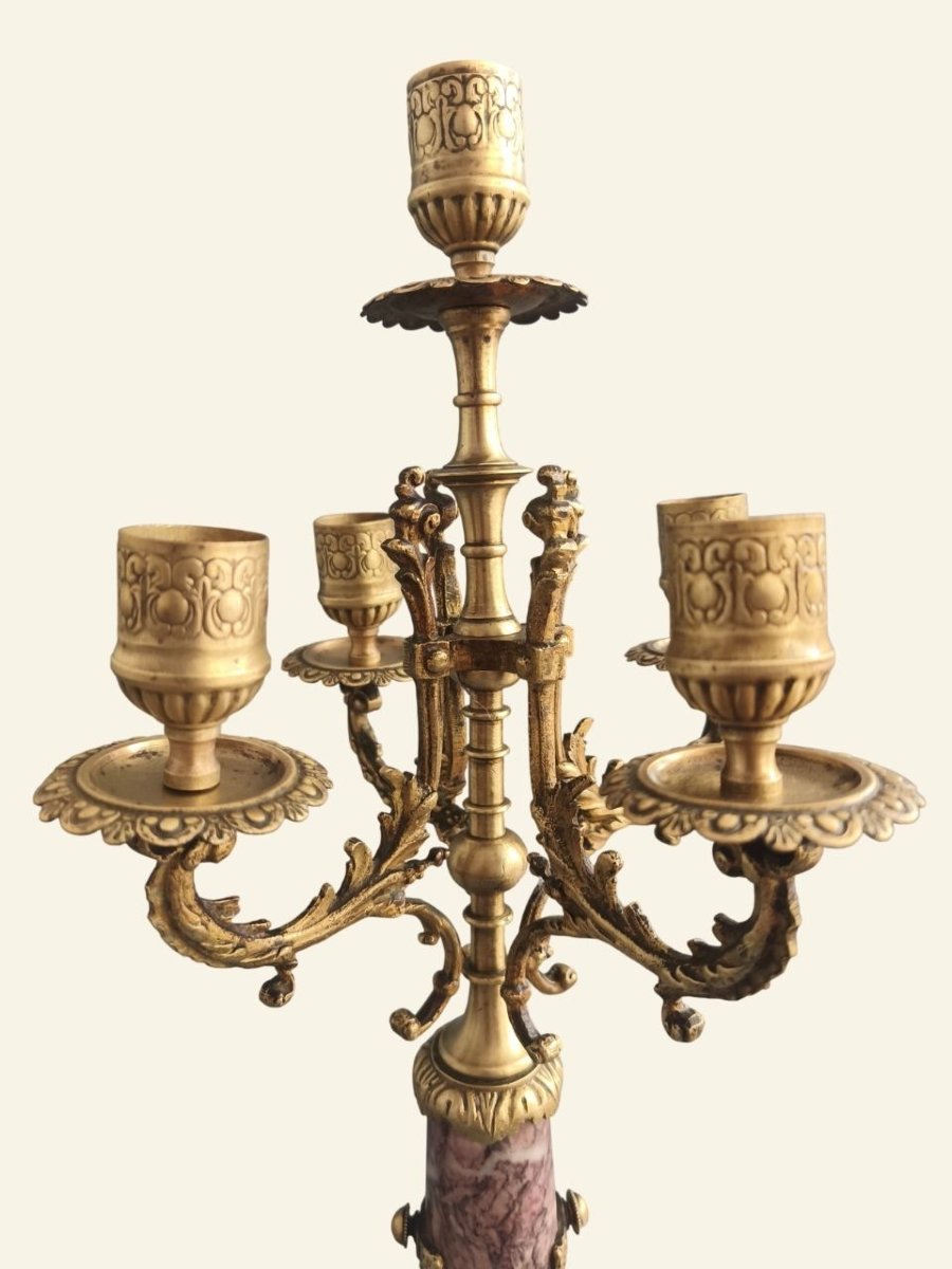 Paire de candélabres français Napoléon III en bronze et marbre – XIXe siècle – 5 lumières-photo-3