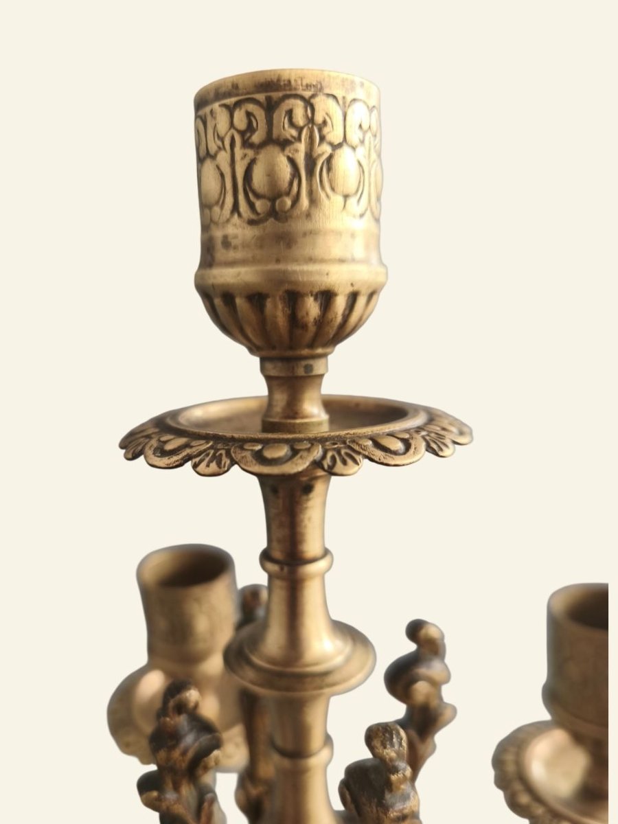 Paire de candélabres français Napoléon III en bronze et marbre – XIXe siècle – 5 lumières-photo-1