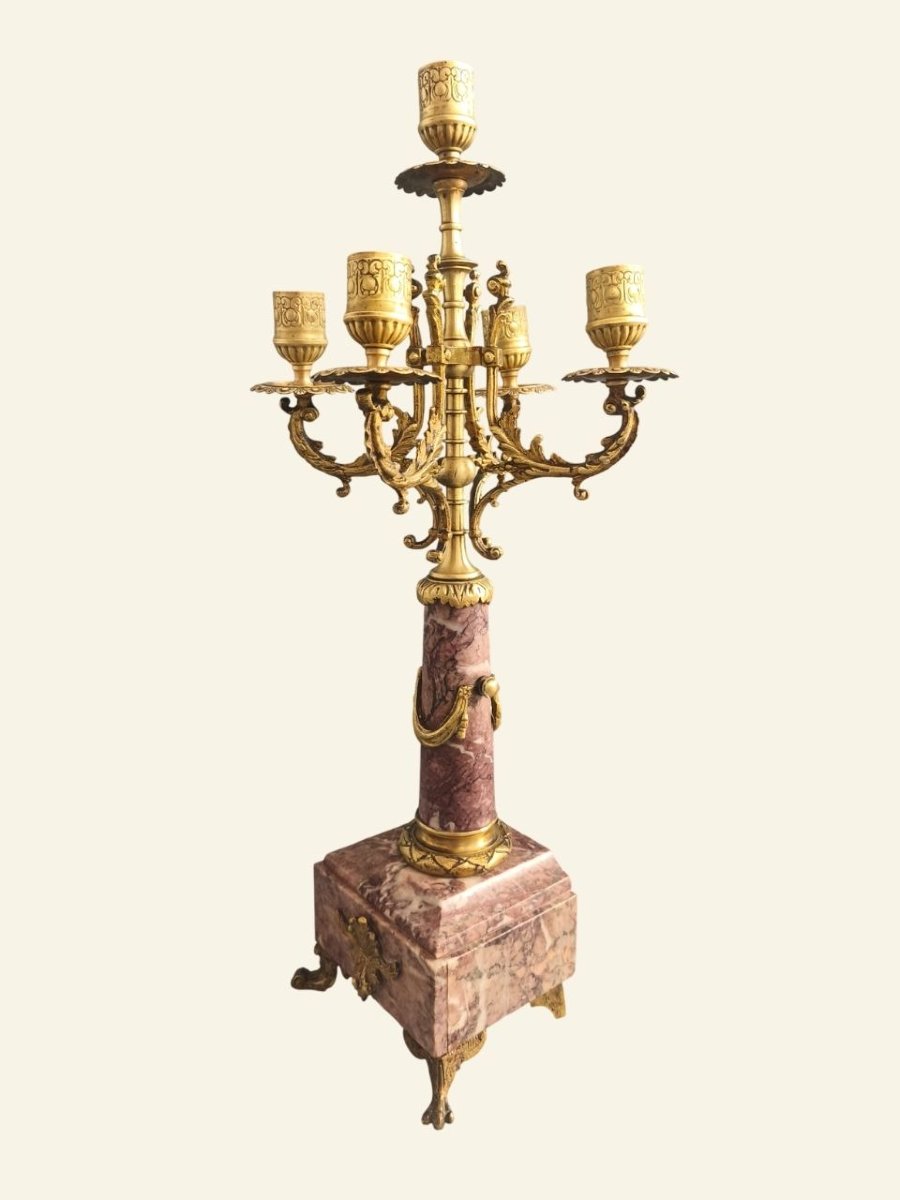 Paire de candélabres français Napoléon III en bronze et marbre – XIXe siècle – 5 lumières-photo-3