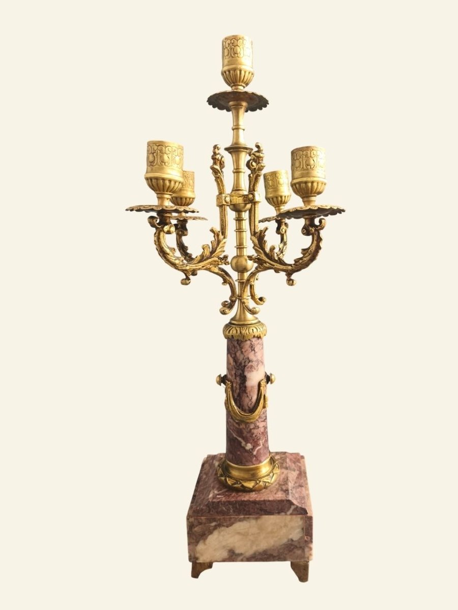 Paire de candélabres français Napoléon III en bronze et marbre – XIXe siècle – 5 lumières-photo-5