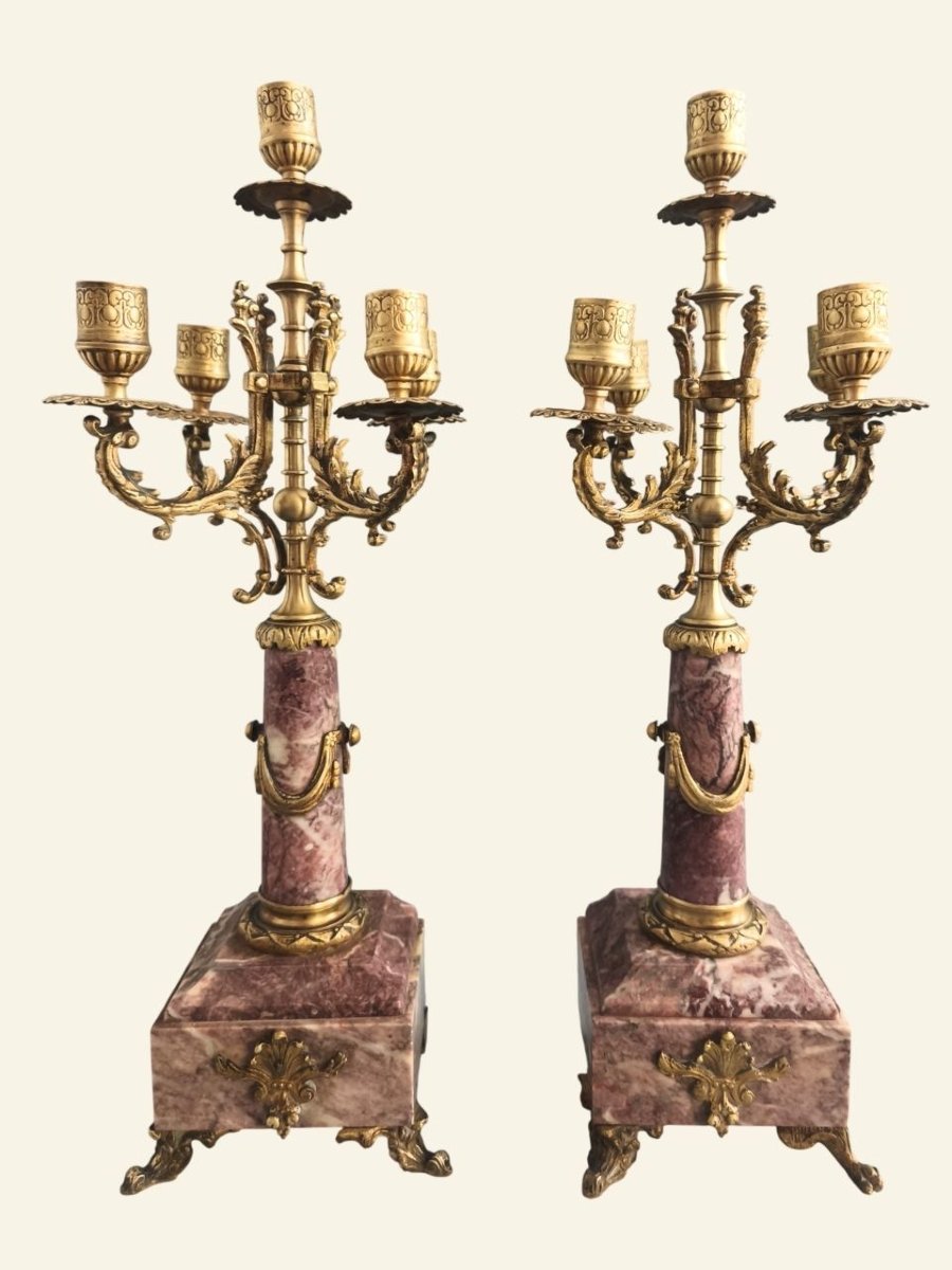Paire de candélabres français Napoléon III en bronze et marbre – XIXe siècle – 5 lumières