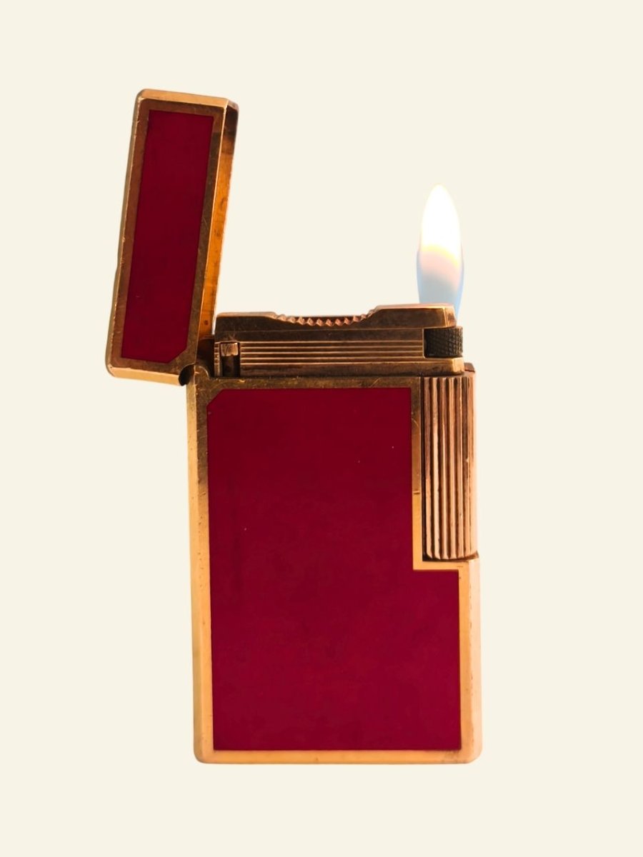 S.t. Dupont Lighter In Red Lacquer With A Gold Finish – Includes Original Gas Refill