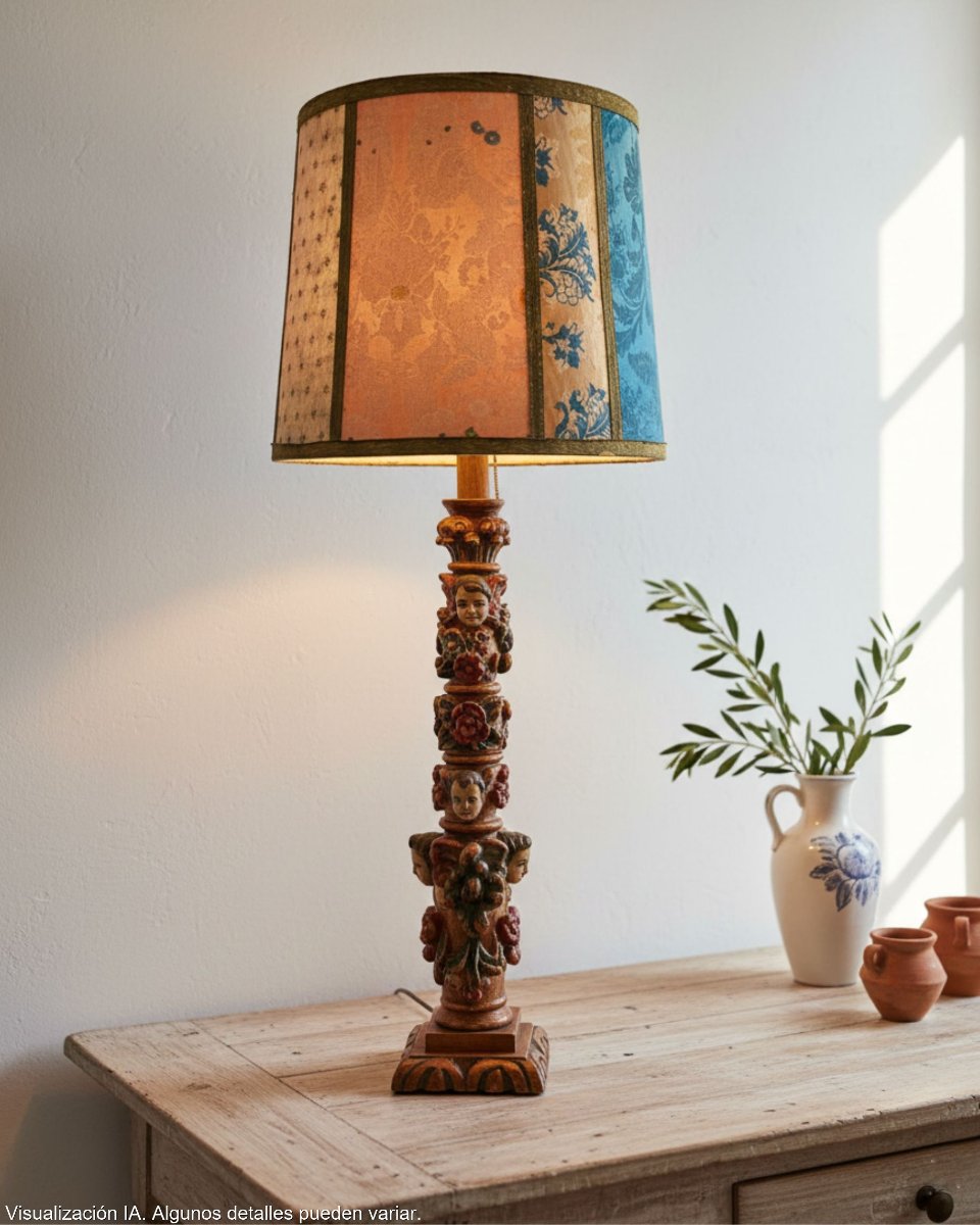 Renaissance-style Table Lamp In Carved Polychrome Wood With Cherubs-photo-2