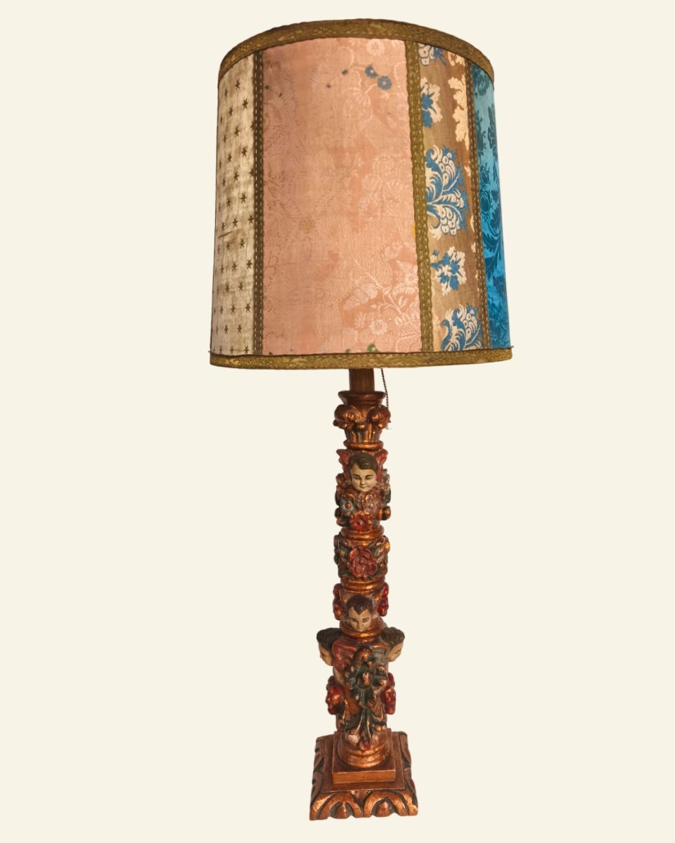 Renaissance-style Table Lamp In Carved Polychrome Wood With Cherubs-photo-3