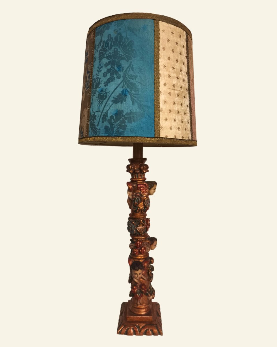 Renaissance-style Table Lamp In Carved Polychrome Wood With Cherubs-photo-4