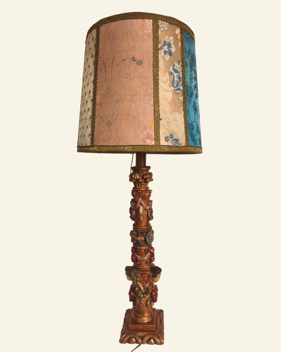 Renaissance-style Table Lamp In Carved Polychrome Wood With Cherubs-photo-1