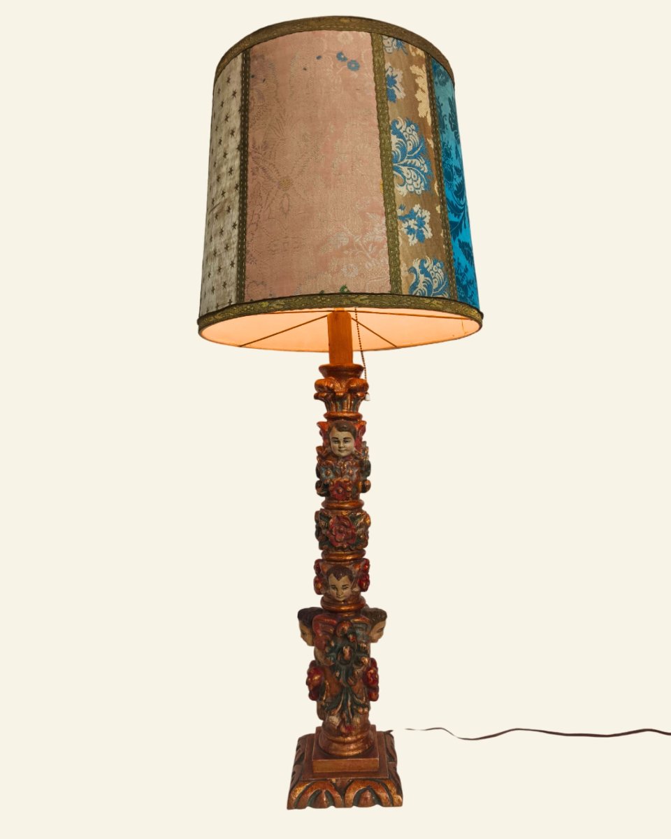 Renaissance-style Table Lamp In Carved Polychrome Wood With Cherubs-photo-2