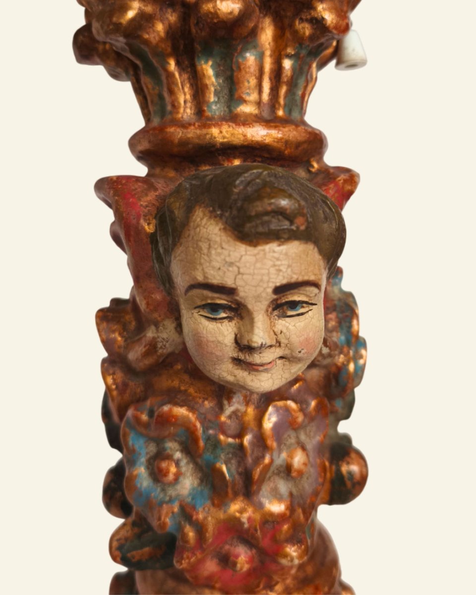 Renaissance-style Table Lamp In Carved Polychrome Wood With Cherubs-photo-5
