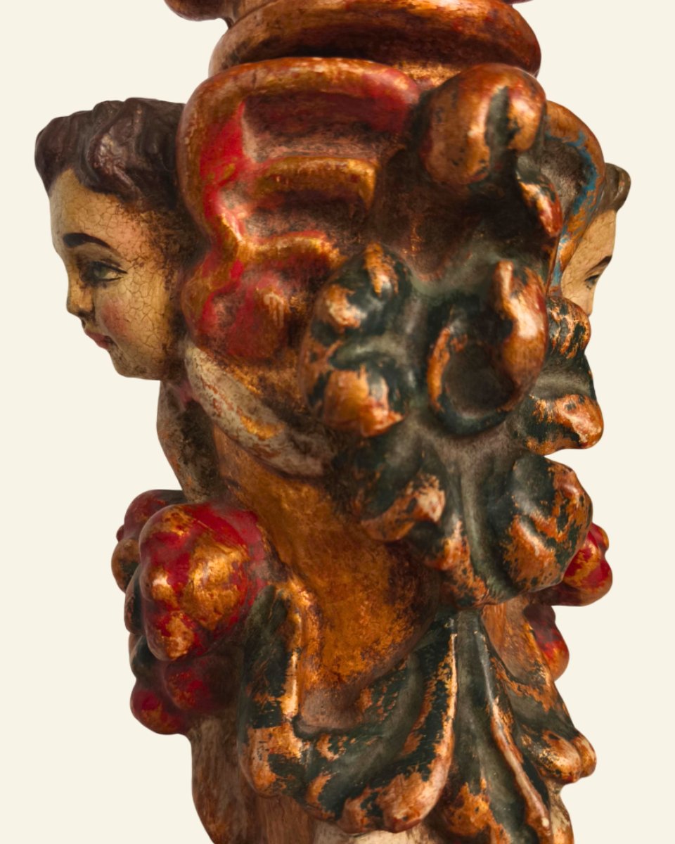 Renaissance-style Table Lamp In Carved Polychrome Wood With Cherubs-photo-6