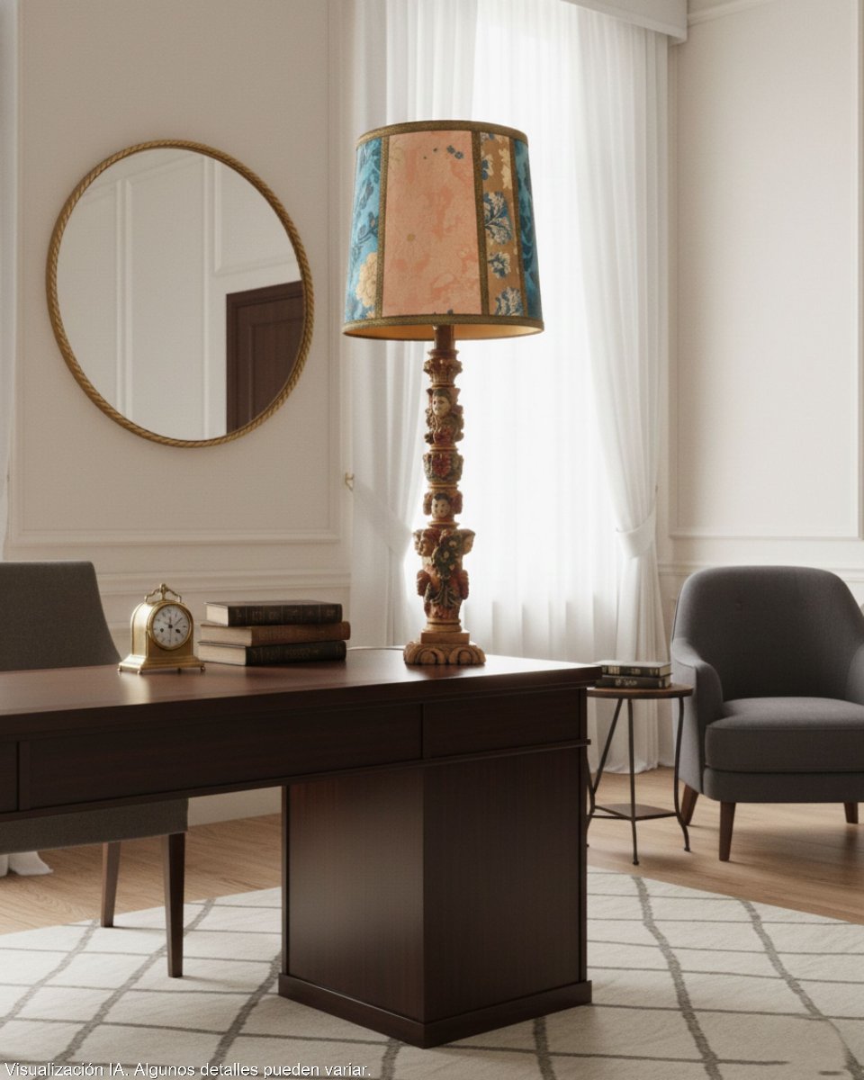 Renaissance-style Table Lamp In Carved Polychrome Wood With Cherubs-photo-7